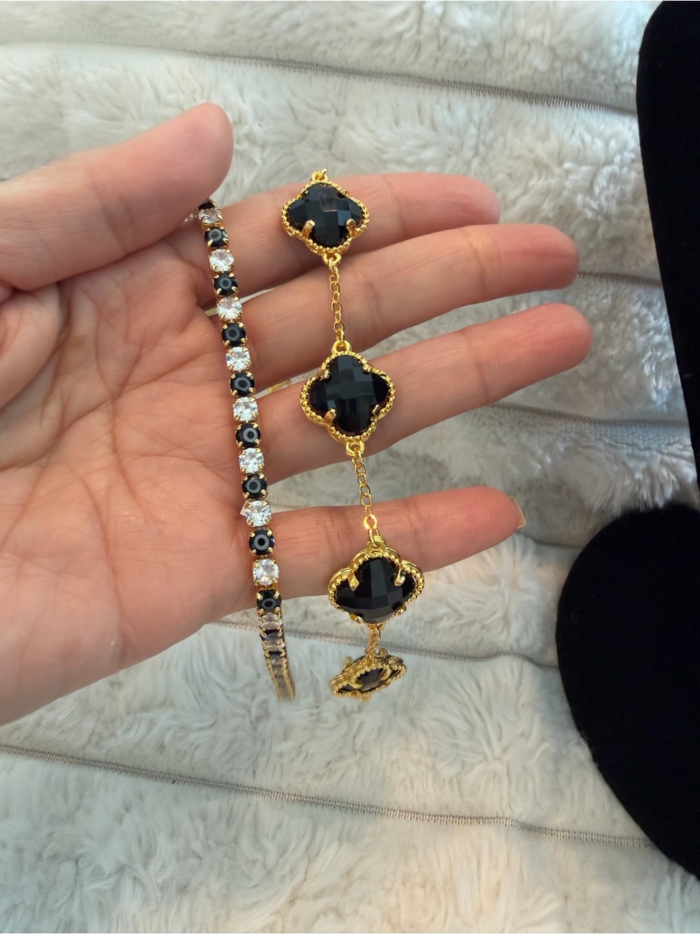 Gold Plated Bracelet with Black Faceted Stones - Women Jewelry